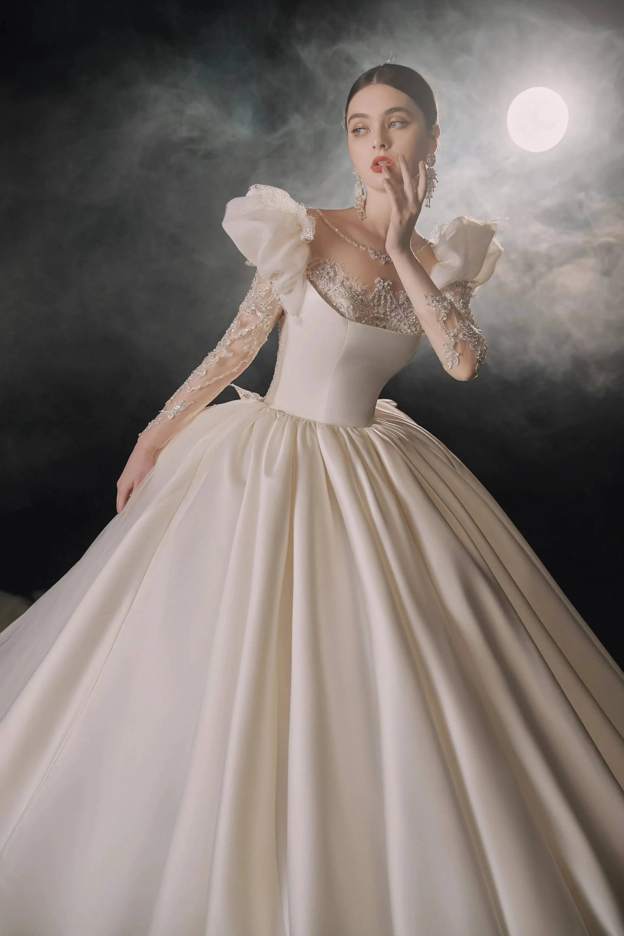 Regal Ball Gown Illusion Neckline Tulle Puff Sleeve Beaded Lace Wedding Dress with Oversized Bow Train E-304 - Image 7