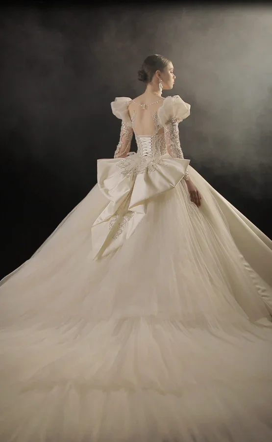 Regal Ball Gown Illusion Neckline Tulle Puff Sleeve Beaded Lace Wedding Dress with Oversized Bow Train E-304 - Image 8