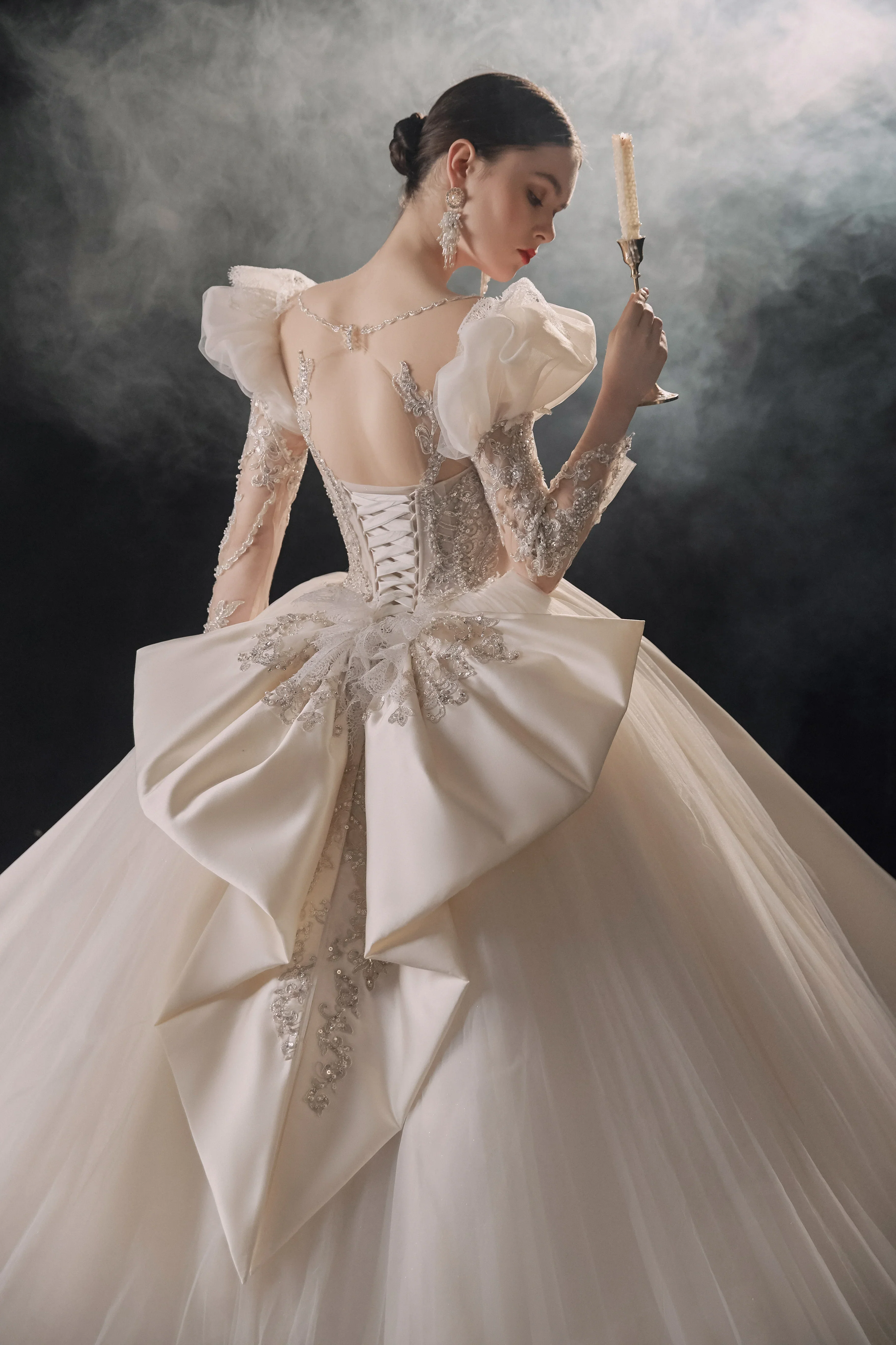 Regal Ball Gown Illusion Neckline Tulle Puff Sleeve Beaded Lace Wedding Dress with Oversized Bow Train E-304 - Image 9
