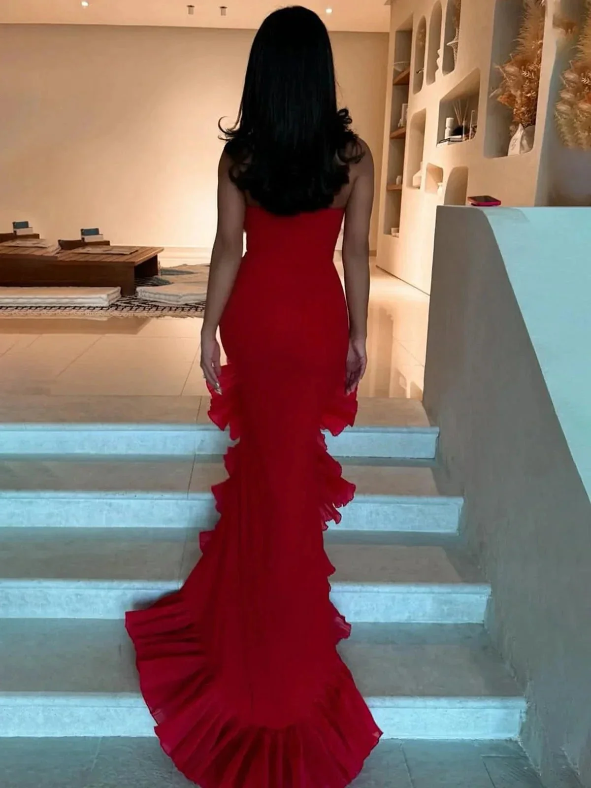 Theodoric | Red Strapless Ruffles Scoop Neck Mermaid Sleeveless Long Prom Dress - Image 2