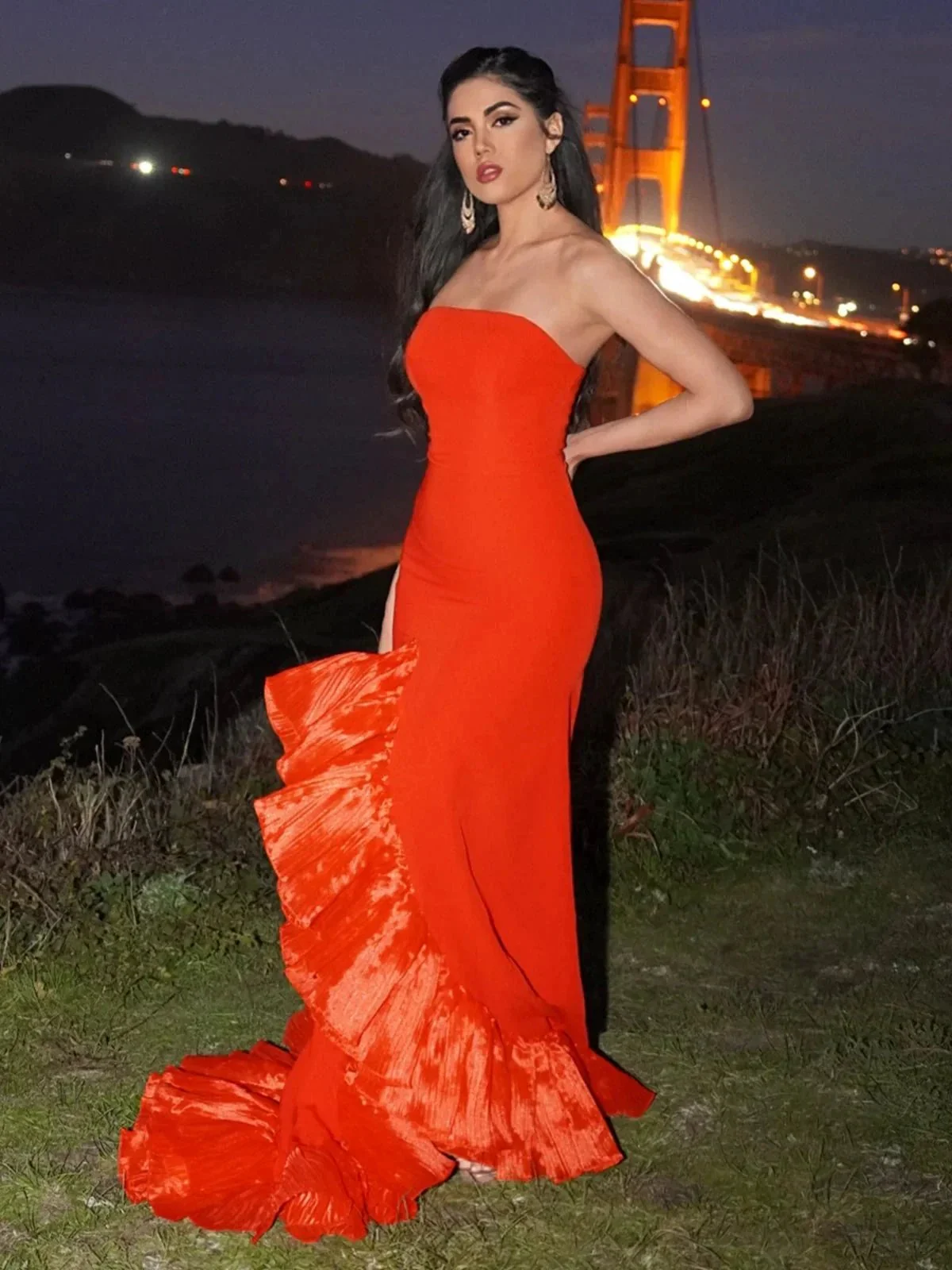 Theodoric | Red Strapless Ruffles Scoop Neck Mermaid Sleeveless Long Prom Dress - Image 4