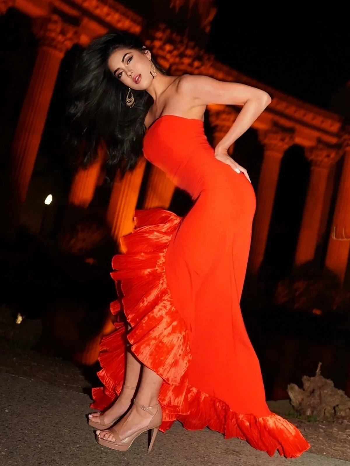 Theodoric | Red Strapless Ruffles Scoop Neck Mermaid Sleeveless Long Prom Dress - Image 7