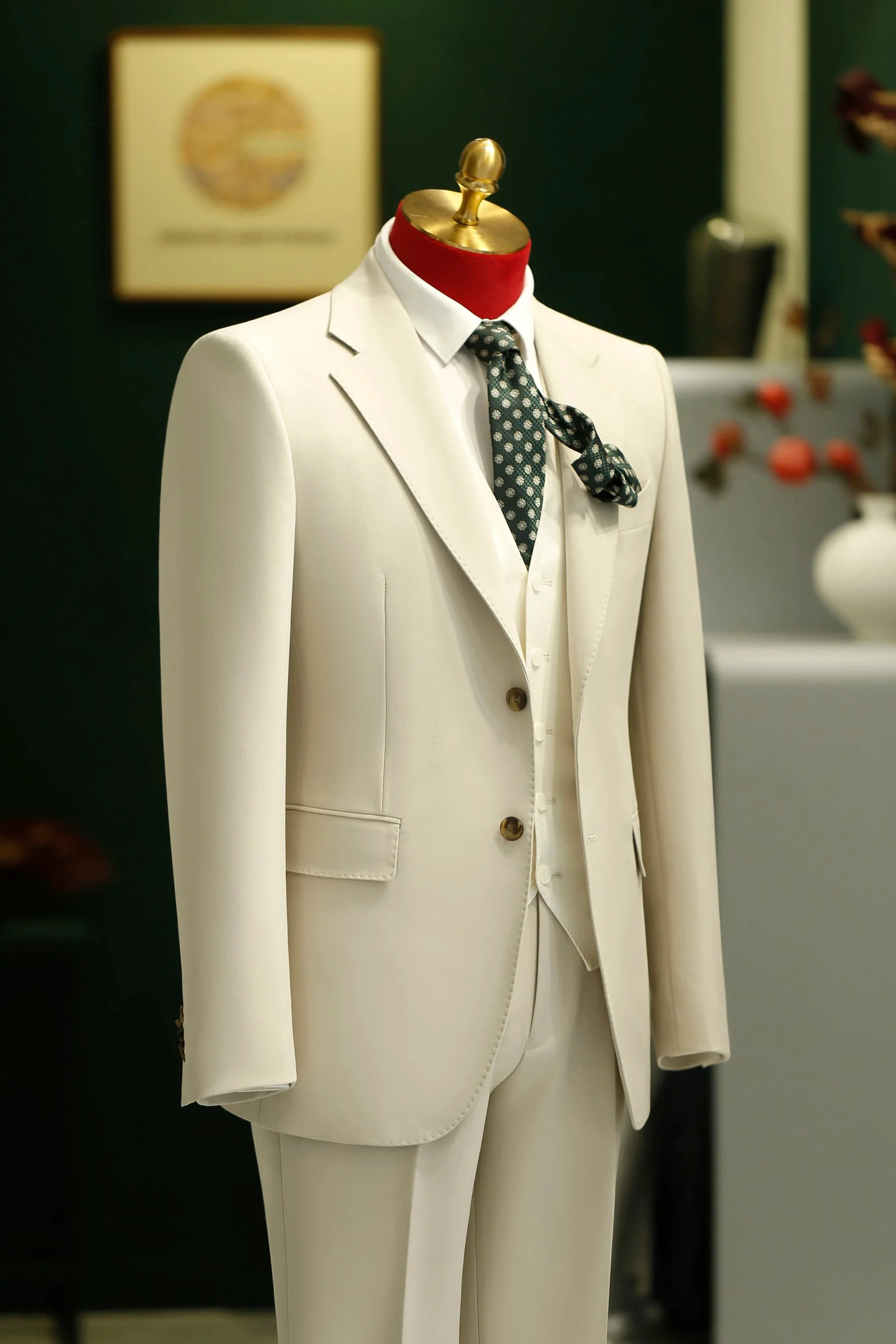 Cream Three Piece Wool Suit For Summer Wedding Groom Attire - Image 2