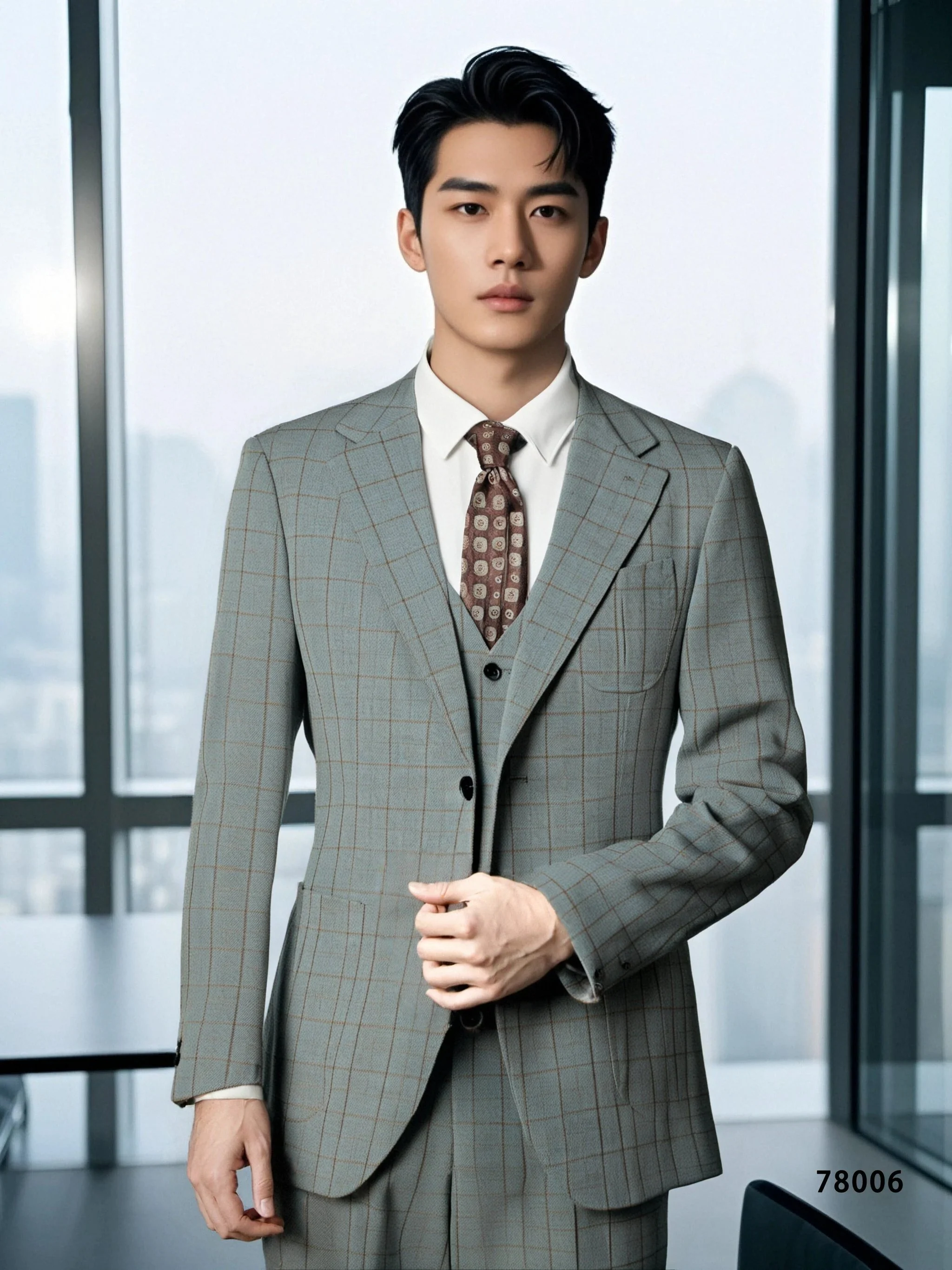 Windowpane Check Three Piece Wool Suit For Groom Wedding - Image 4