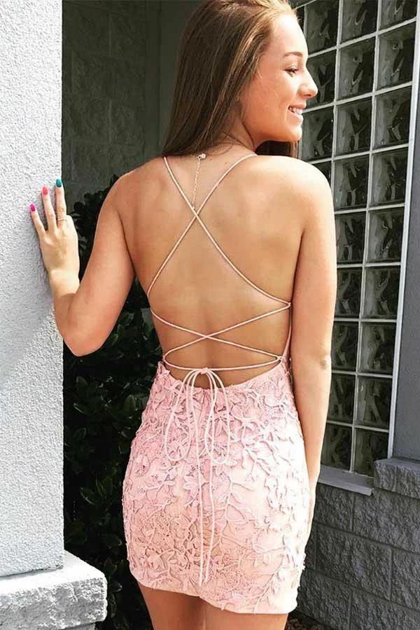 Tie Back Appliqued Sheath Pink Short Prom Dress Homecoming Dress PD327 - Image 2