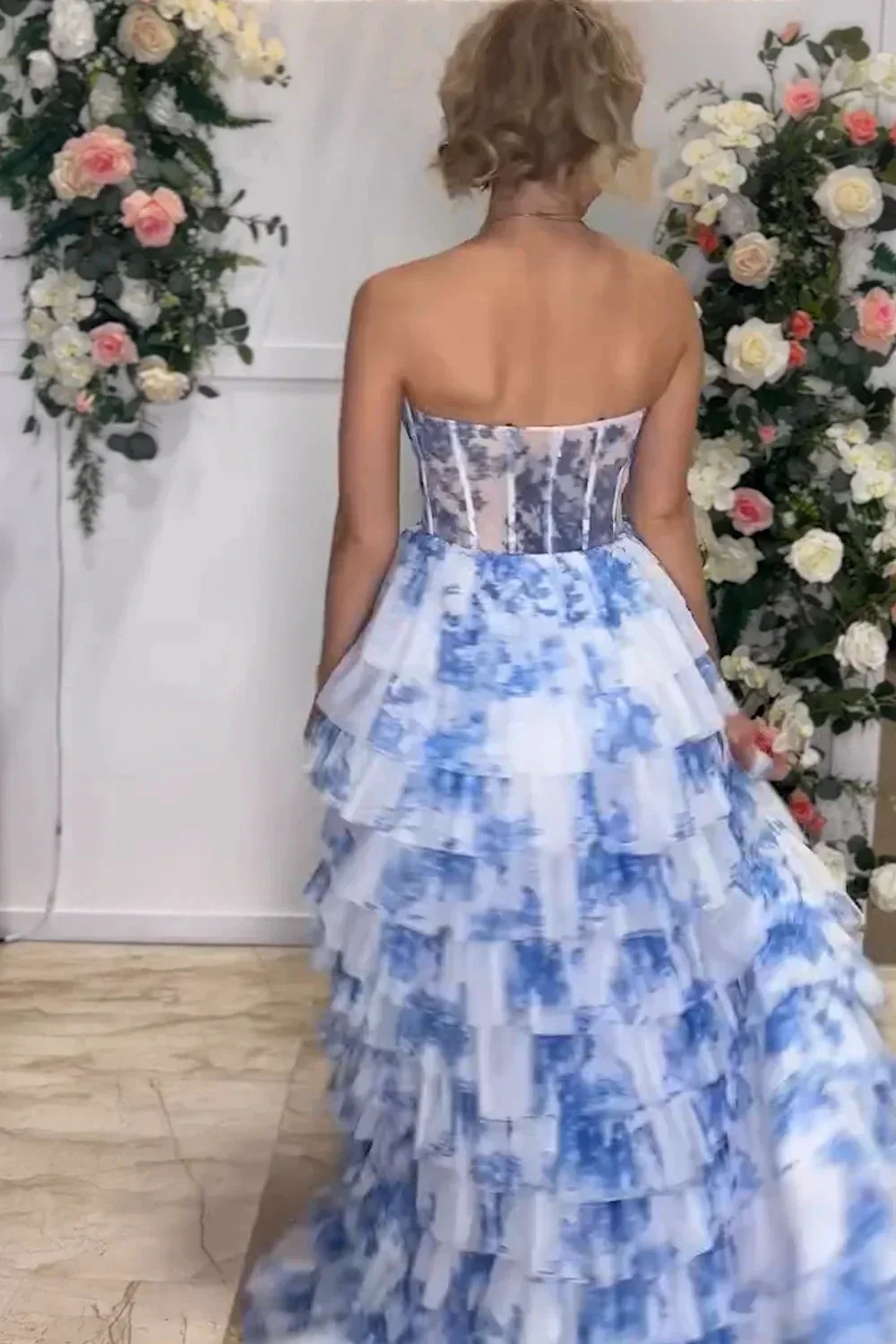 Tien | Blue Floral Printed Sweetheart Chiffon Tiered A-Line Long Corset Prom Dress - Image 2