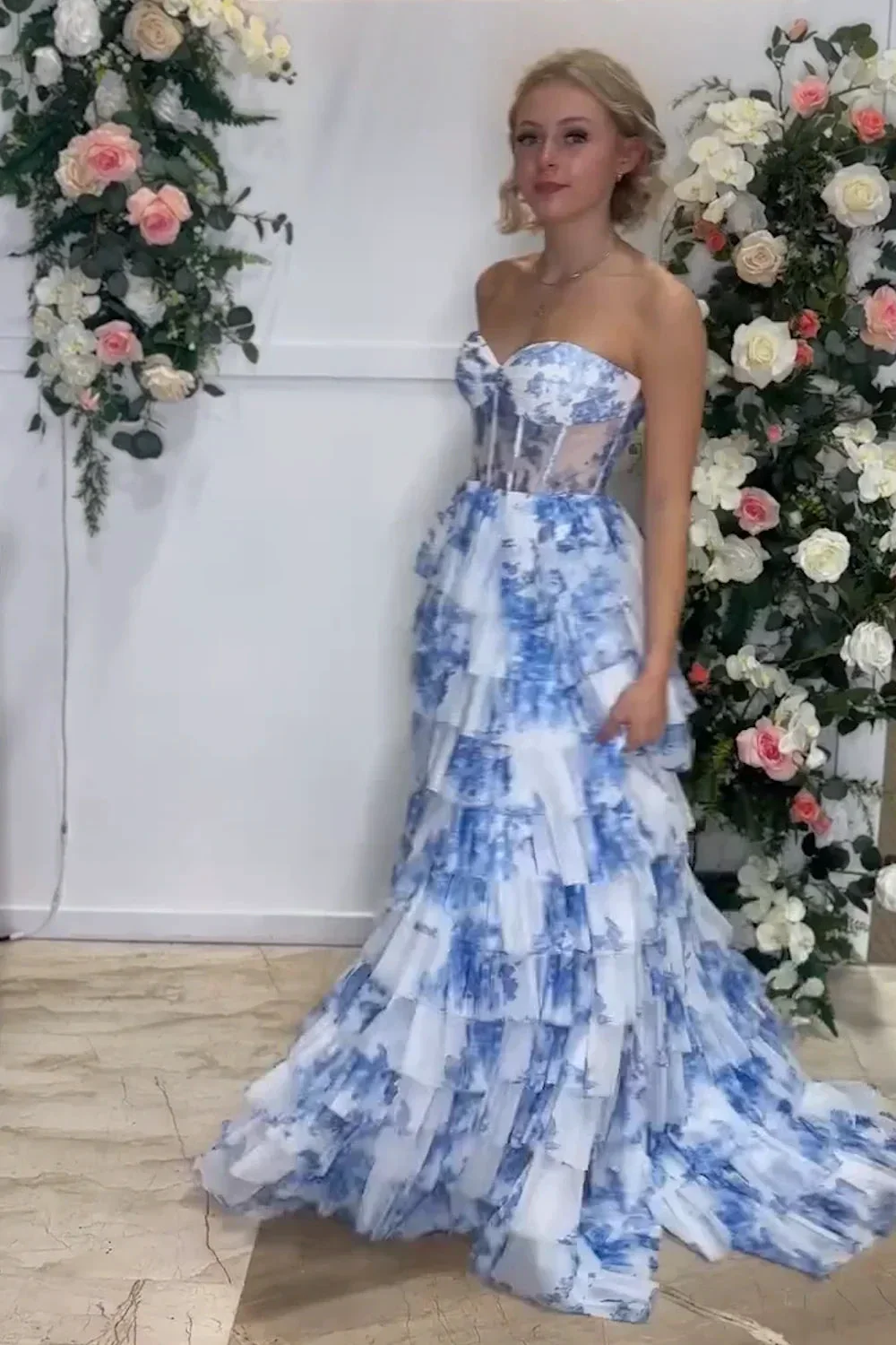 Tien | Blue Floral Printed Sweetheart Chiffon Tiered A-Line Long Corset Prom Dress - Image 3