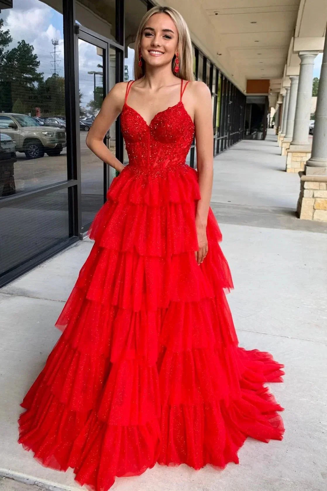 Tiered Ruffle Appliques Corset Long Prom Dress with Spaghetti Straps - Image 2