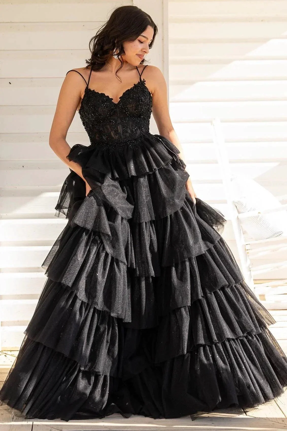 Tiered Ruffle Appliques Corset Long Prom Dress with Spaghetti Straps - Image 3
