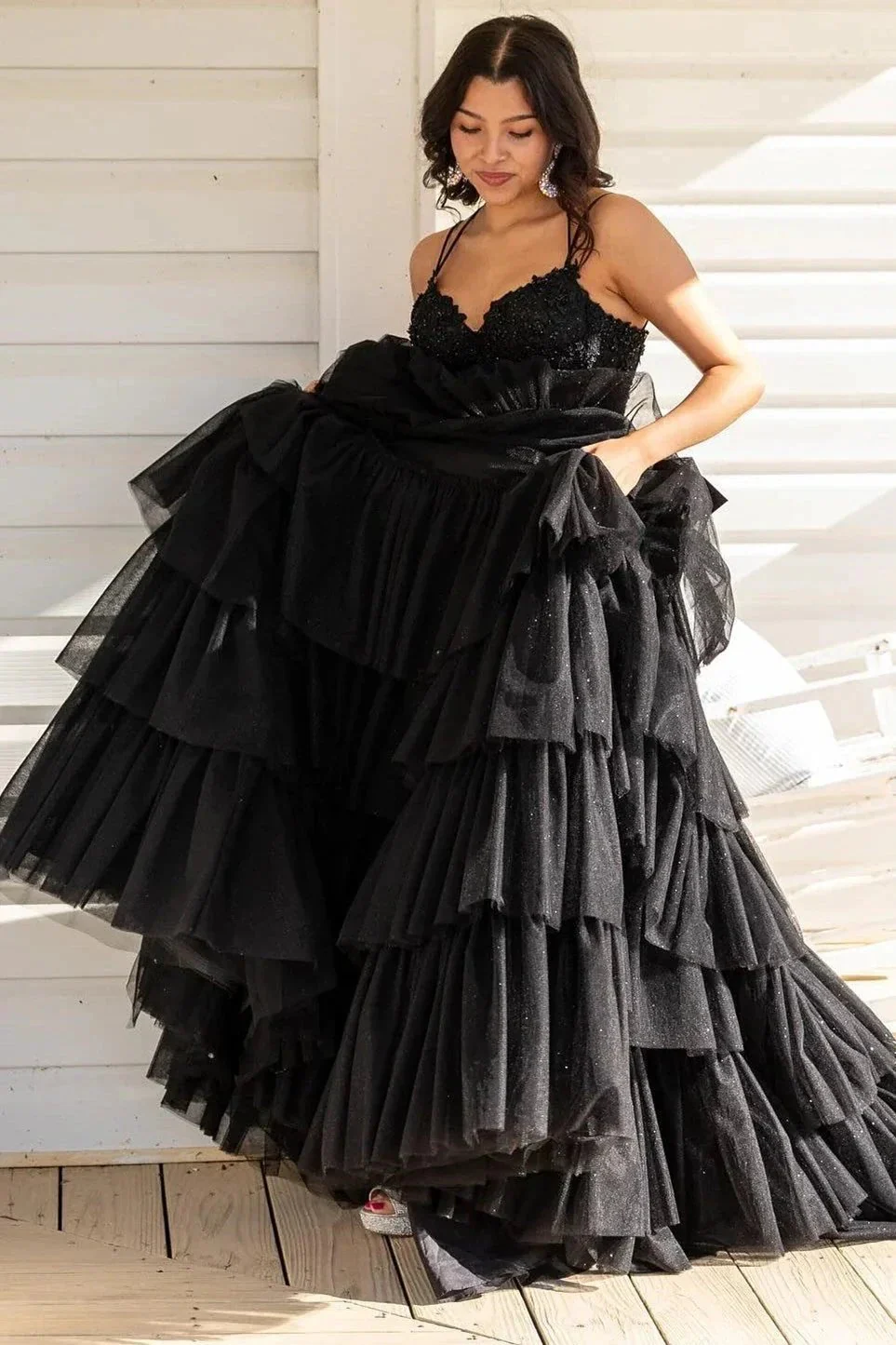 Tiered Ruffle Appliques Corset Long Prom Dress with Spaghetti Straps - Image 4