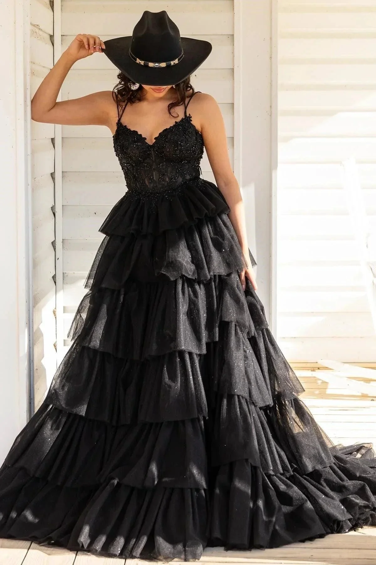 Tiered Ruffle Appliques Corset Long Prom Dress with Spaghetti Straps - Image 5