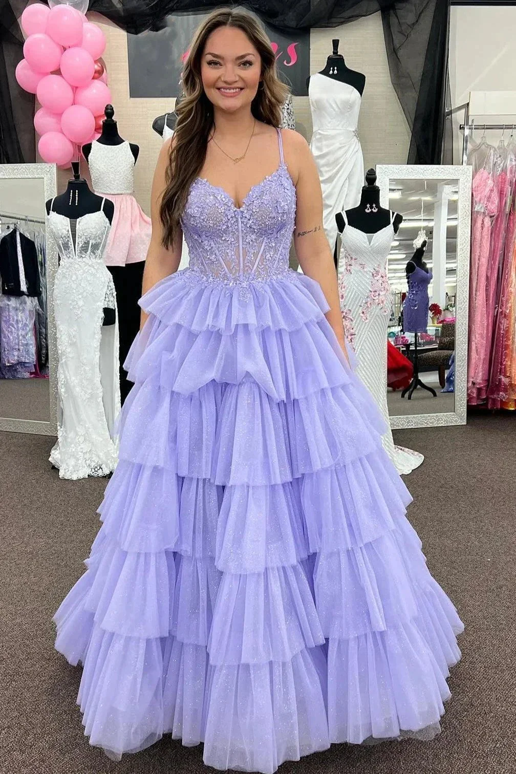 Tiered Ruffle Appliques Corset Long Prom Dress with Spaghetti Straps - Image 6