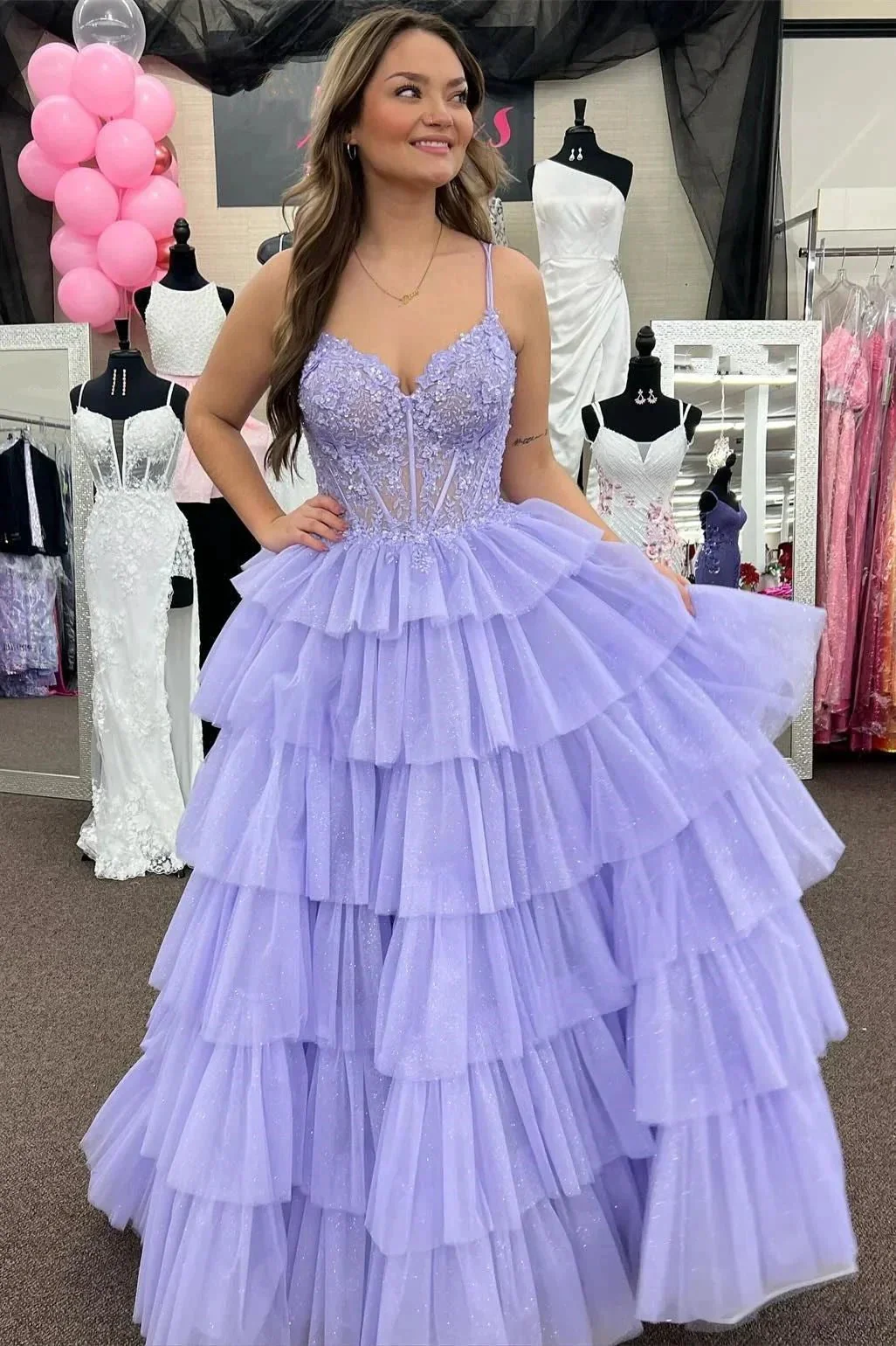 Tiered Ruffle Appliques Corset Long Prom Dress with Spaghetti Straps - Image 7