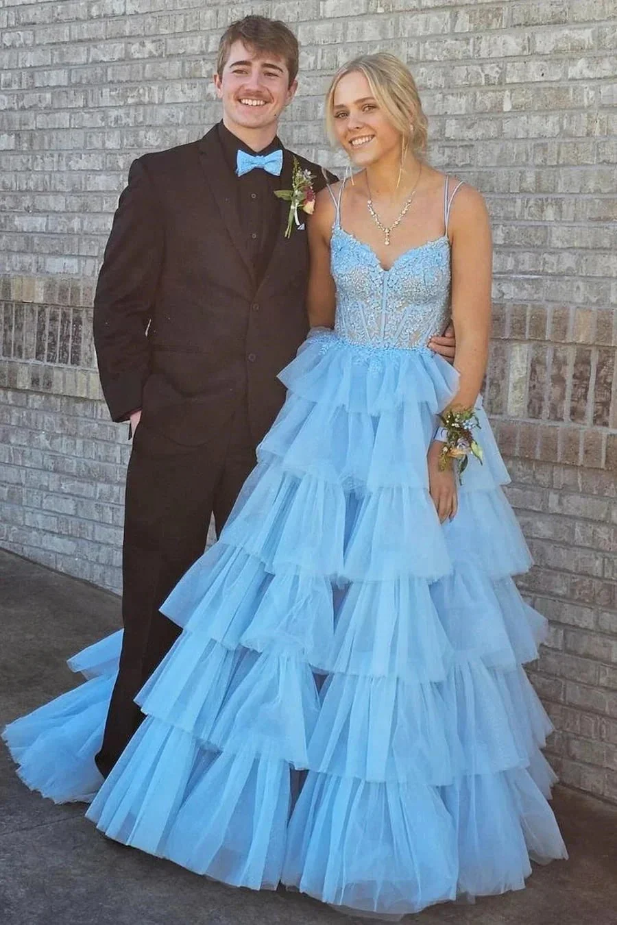 Tiered Ruffle Appliques Corset Long Prom Dress with Spaghetti Straps - Image 8