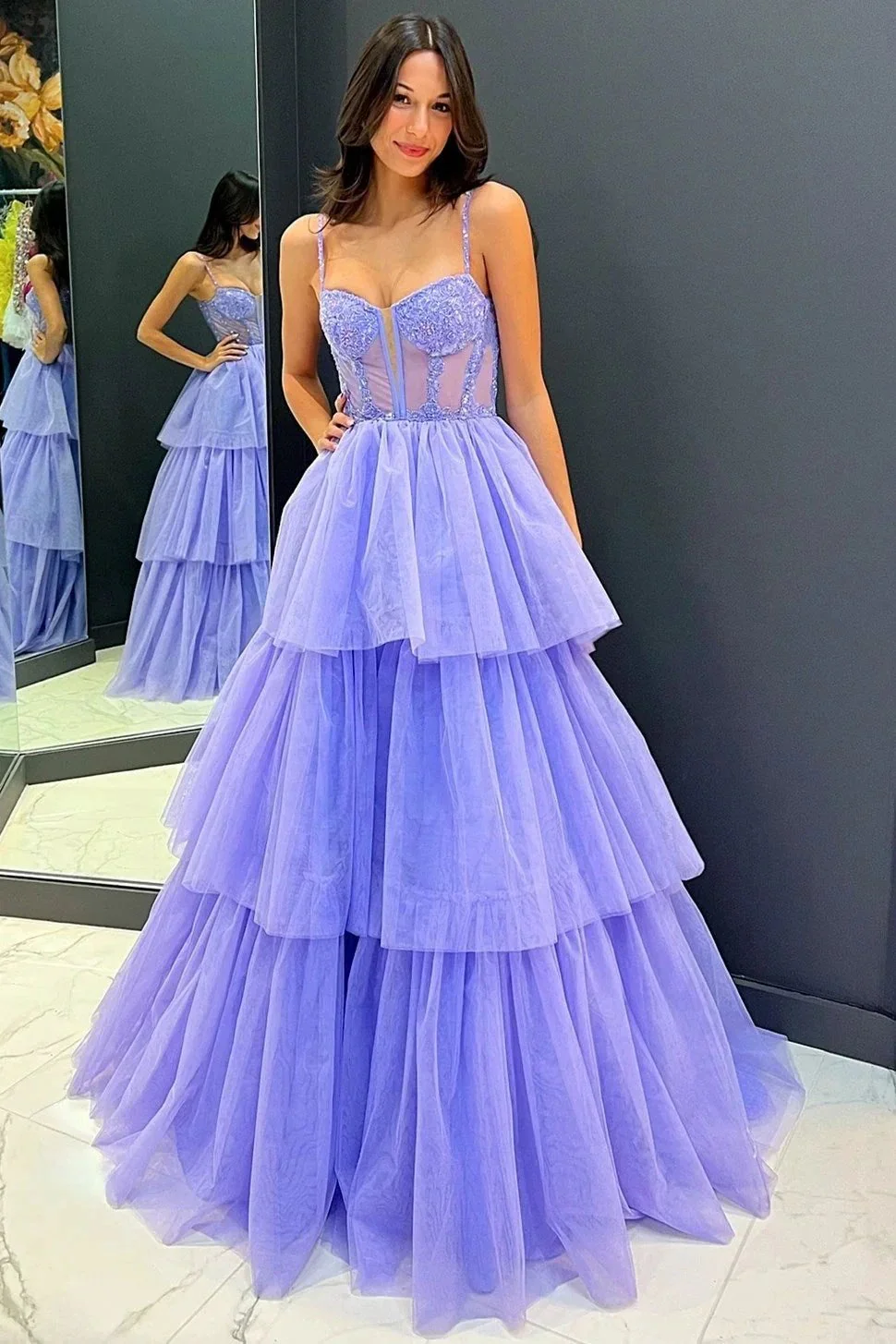 Tiered Ruffle Sequin-Embroidery Corset Long Prom Gown - Image 5