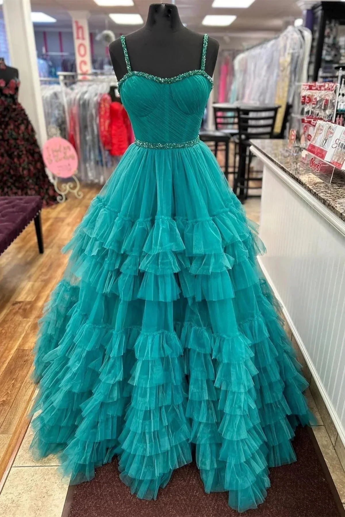 Tiered Ruffle Sweetheart Beaded Long Prom Dress - Image 3