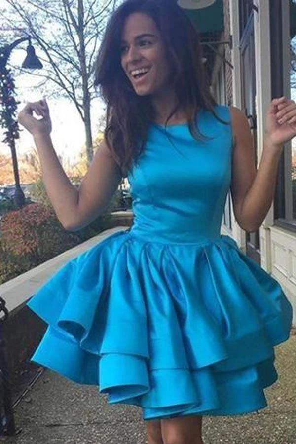 Tiered Skirt Yellow Homecoming Dresses Short Prom Dress Satin Prom Gown PD372 - Image 2