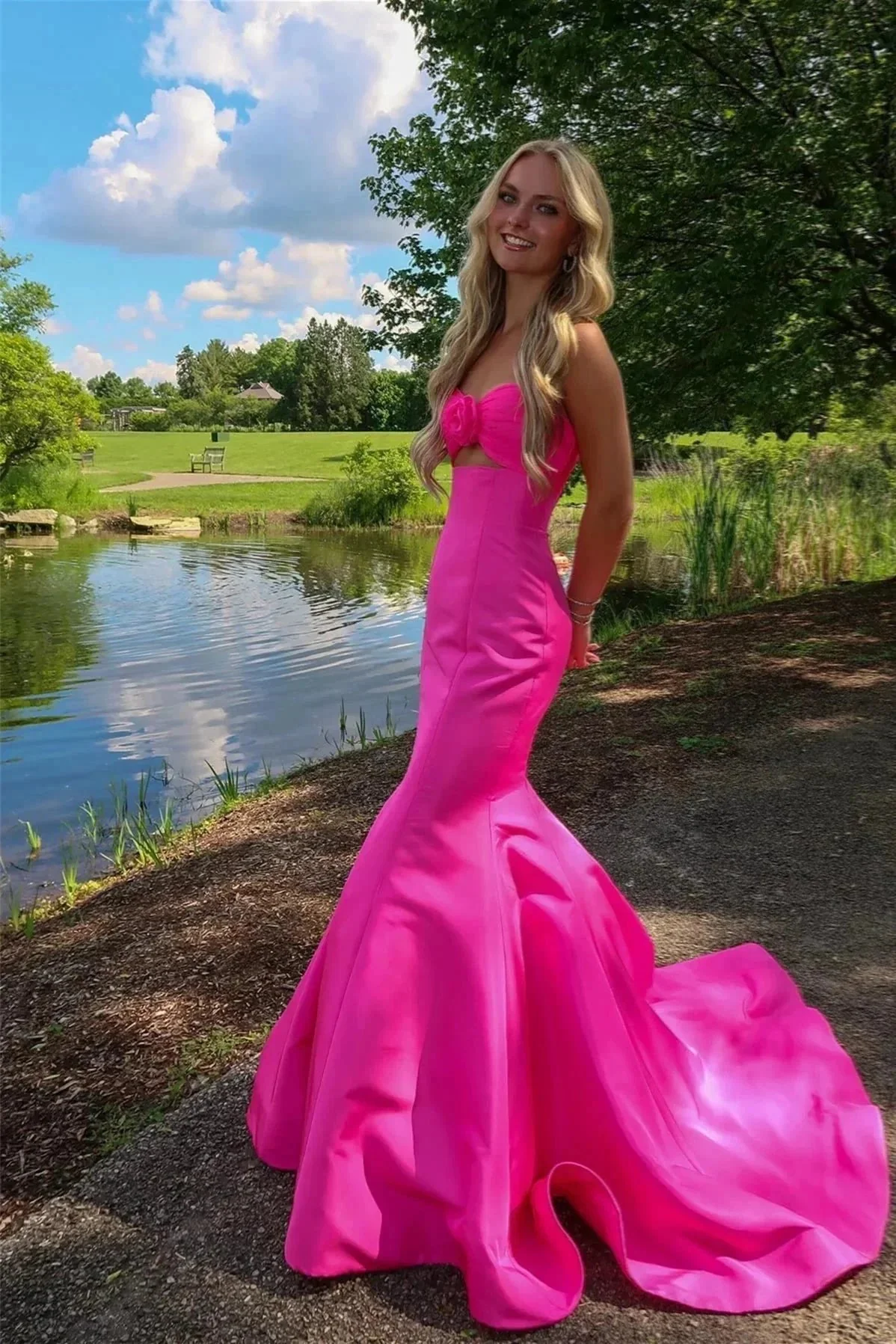 Tiff | Mermaid Sweetheart Pink Satin Prom Dress with Bow - Image 2