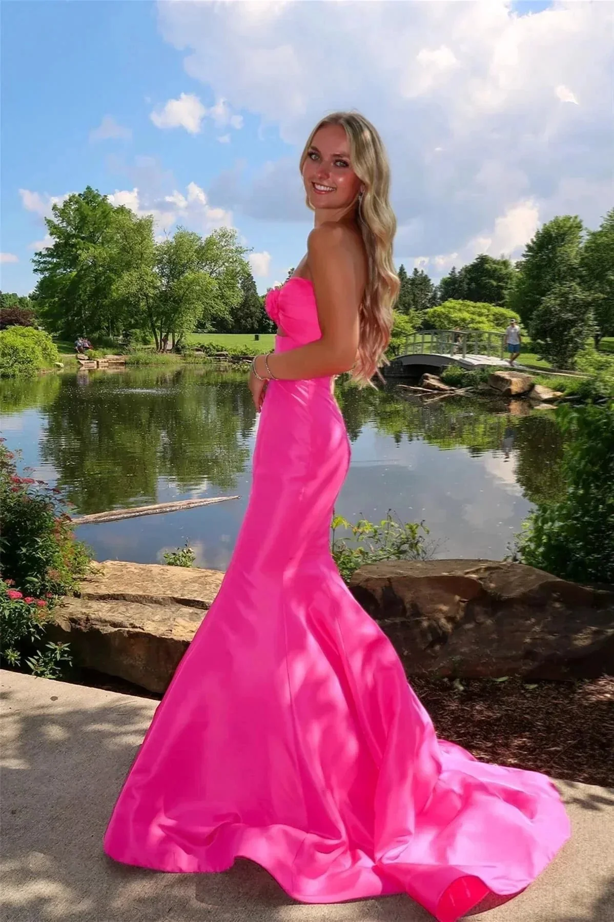Tiff | Mermaid Sweetheart Pink Satin Prom Dress with Bow - Image 3