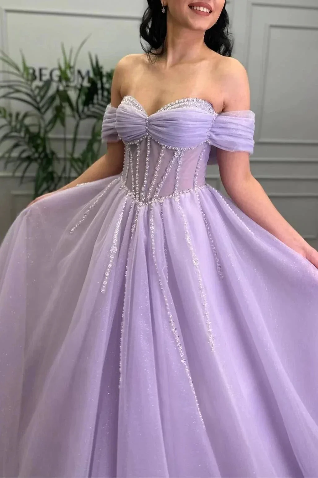 Tiffany | Lavender Beaded A-Line Tulle Prom Dress with Off Shoulder - Image 2
