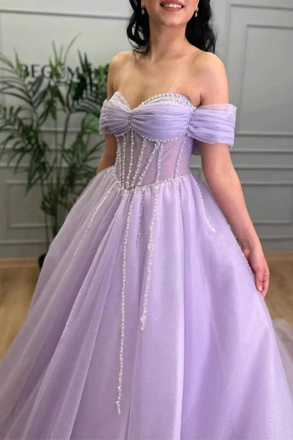 Tiffany | Lavender Beaded A-Line Tulle Prom Dress with Off Shoulder - Image 3