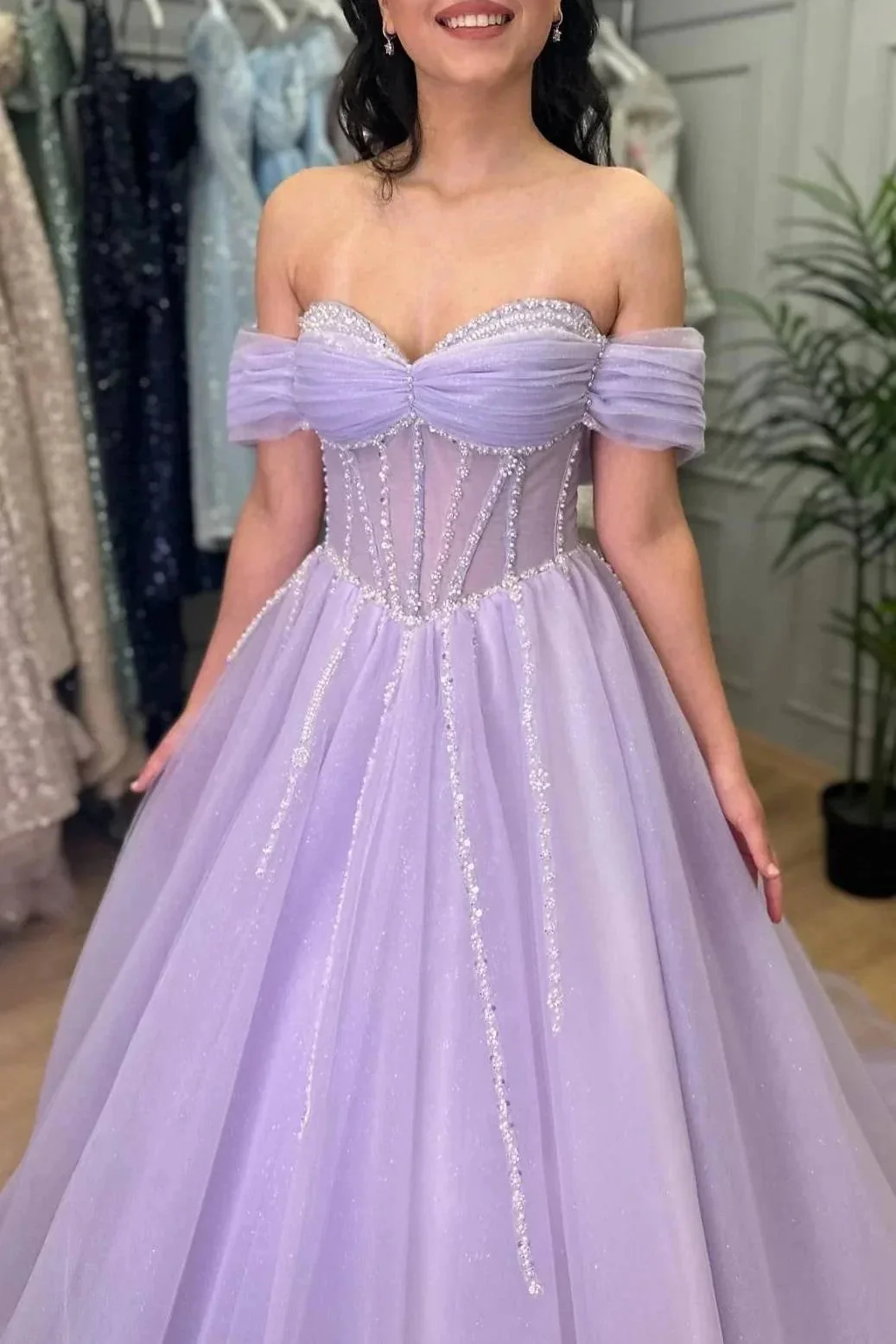Tiffany | Lavender Beaded A-Line Tulle Prom Dress with Off Shoulder - Image 4