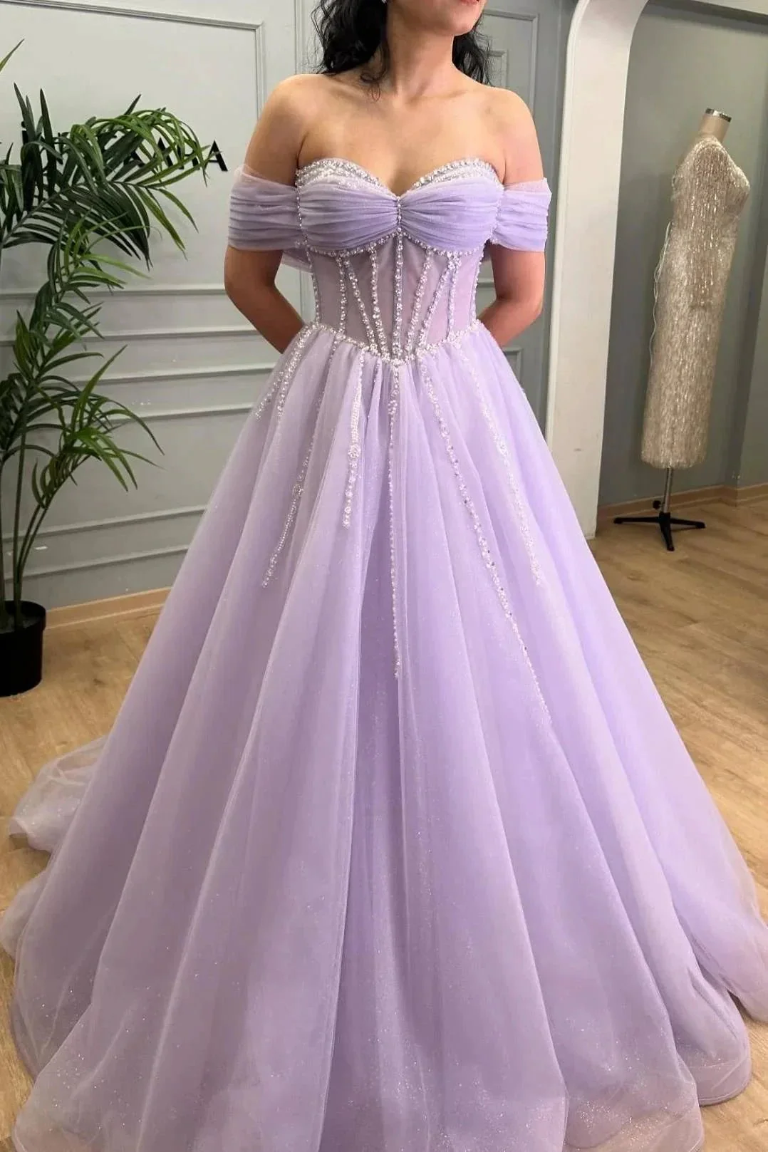 Tiffany | Lavender Beaded A-Line Tulle Prom Dress with Off Shoulder - Image 5