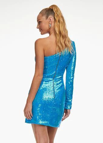 Blue Sequin Homecoming Dress One Sleeve Short Homecoming Dress SYH21 - Image 3