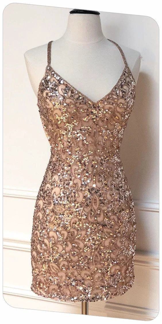 Tight Sparkle V Neck Sequins Party Dress Sexy Homecoming Dress Y1419 - Image 2