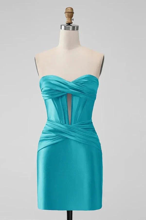 Tight Strapless Keyhole Satin Turquoise Homecoming Dress PD535 - Image 3