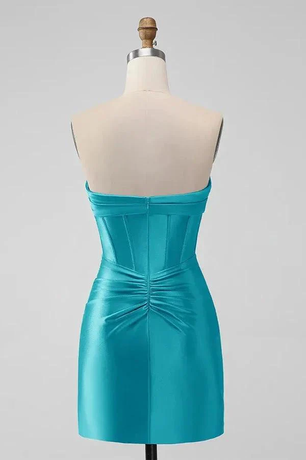 Tight Strapless Keyhole Satin Turquoise Homecoming Dress PD535 - Image 4