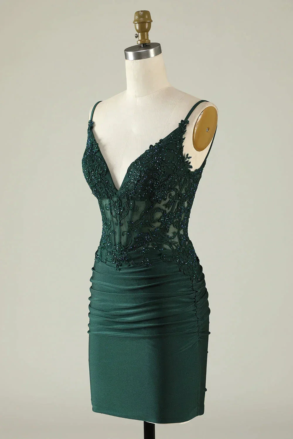 Tight V-Neck Dark Green Pleated Homecoming Dress with Appliques Y2660 - Image 2
