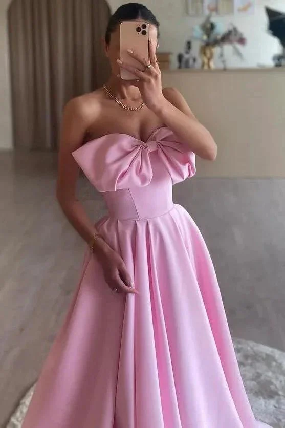Tomie | Pink A-Line Strapless Bow Satin Pleated Long Formal Prom Dress - Image 2