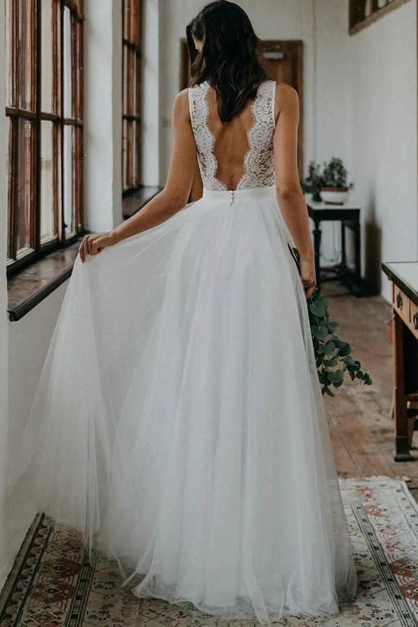 Top Lace Simple Tulle Beach Wedding Dress Bridal Gown With V Back  WD452 - Image 2