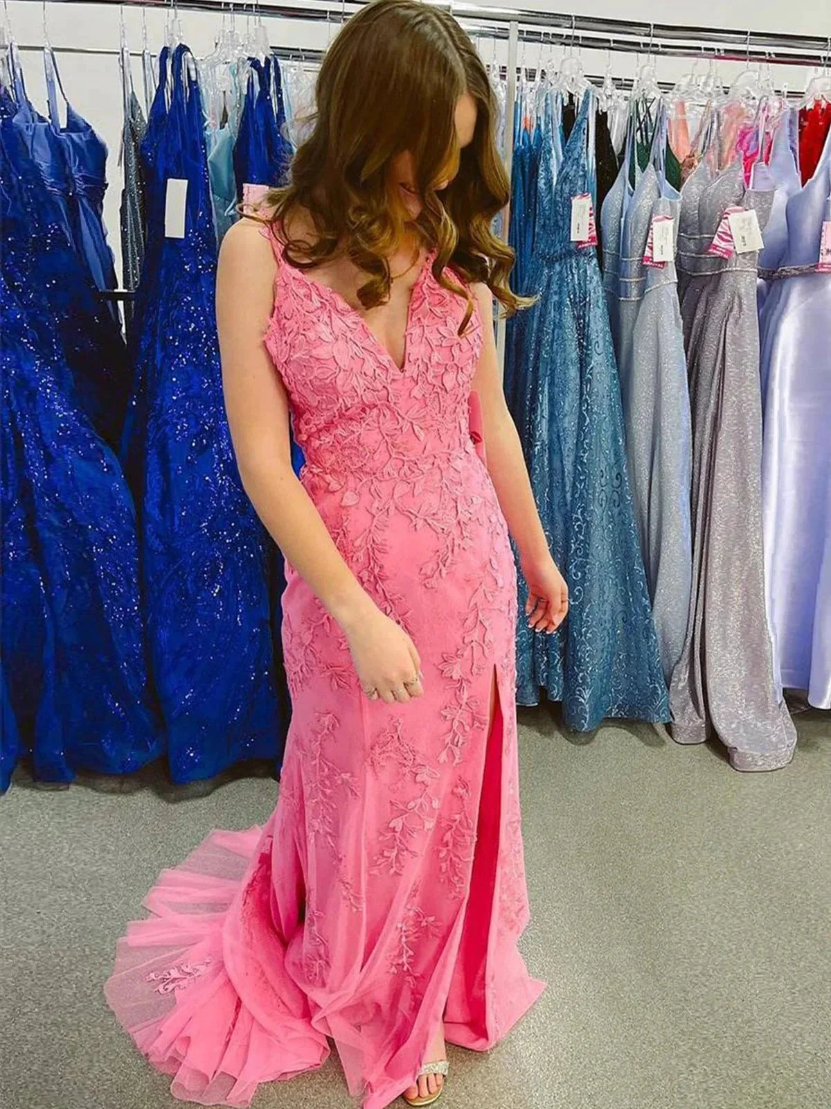 Torin | Mermaid V Neck Lavender Lace Long Prom Dresses with Appliques - Image 2