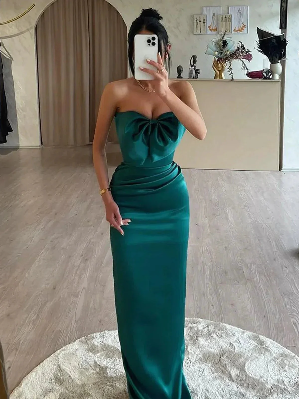 Tory | Mermaid Sweetheart Dark Green Satin Long Prom Dresses with Bow - Image 2