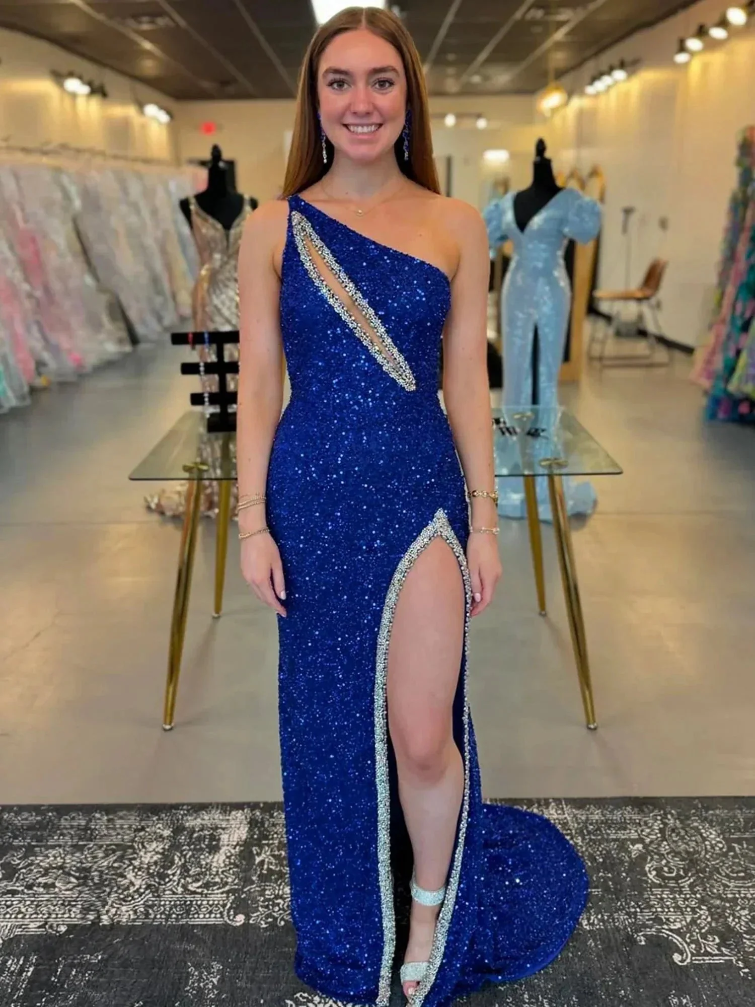 Tove | Orange One Sholder Sequins Mermaid Prom Dresses with Slit - Image 4