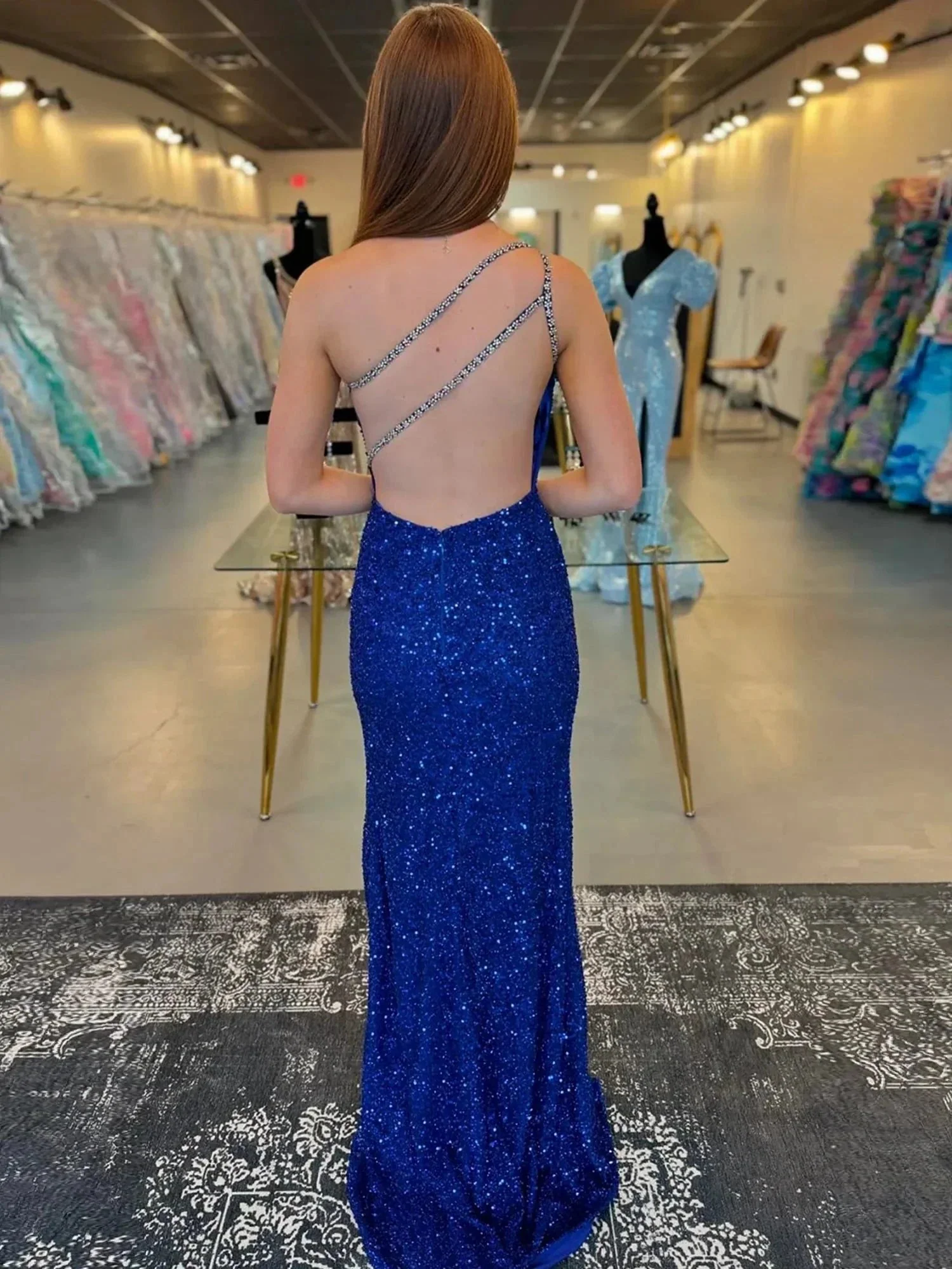 Tove | Orange One Sholder Sequins Mermaid Prom Dresses with Slit - Image 5