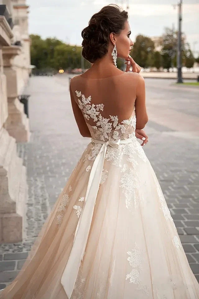 Transparent Champagne Bride with Removable Pearl Belt Sleeveless Bare Back Lace2023 Series wedding dress - Image 3
