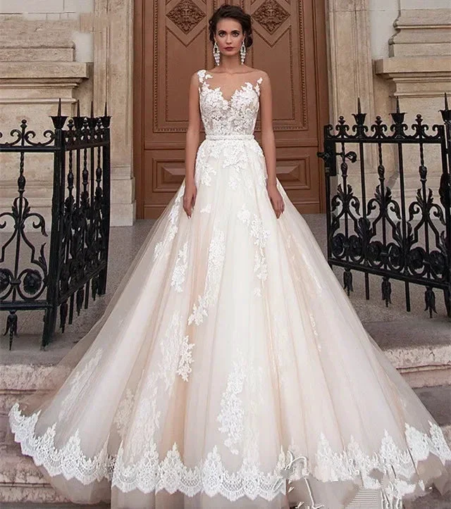 Transparent Champagne Bride with Removable Pearl Belt Sleeveless Bare Back Lace2023 Series wedding dress - Image 4