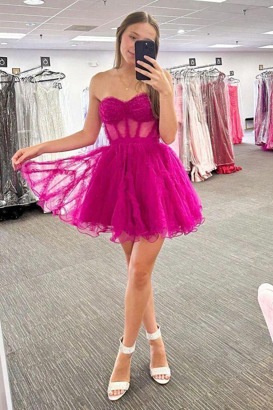Trendy A-Line Fuchsia Tulle Corset Homecoming Dress Semi Formal Dresses Y2861 - Image 2