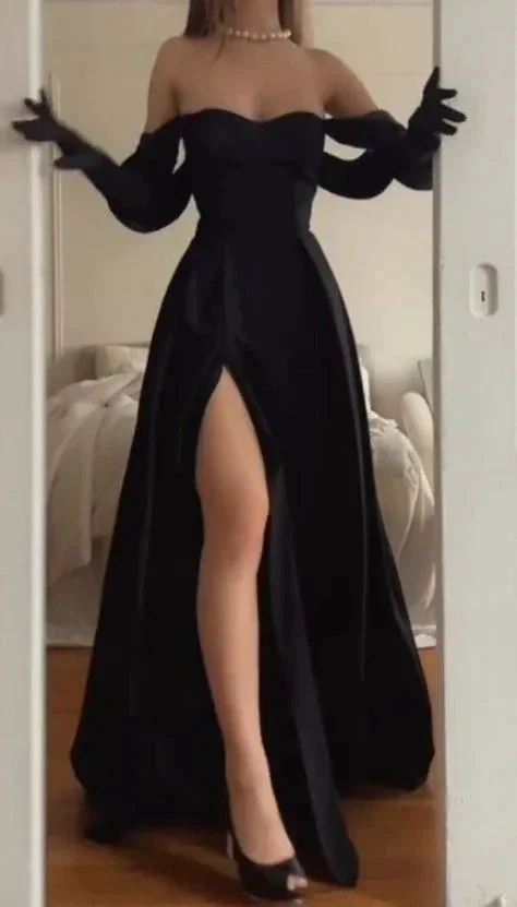 Trendy Black A-line Long Evening Dress with Split Y4064 - Image 2