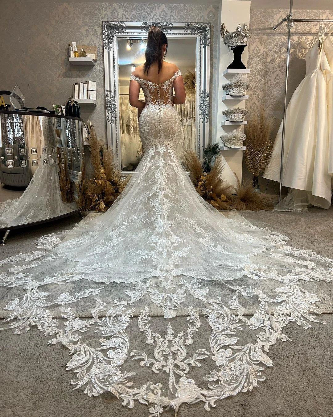 Trendy Floor Length Off-The-Shoulder Sleeveless Mermaid Lace Wedding Dress with Cathedral Train - Image 2