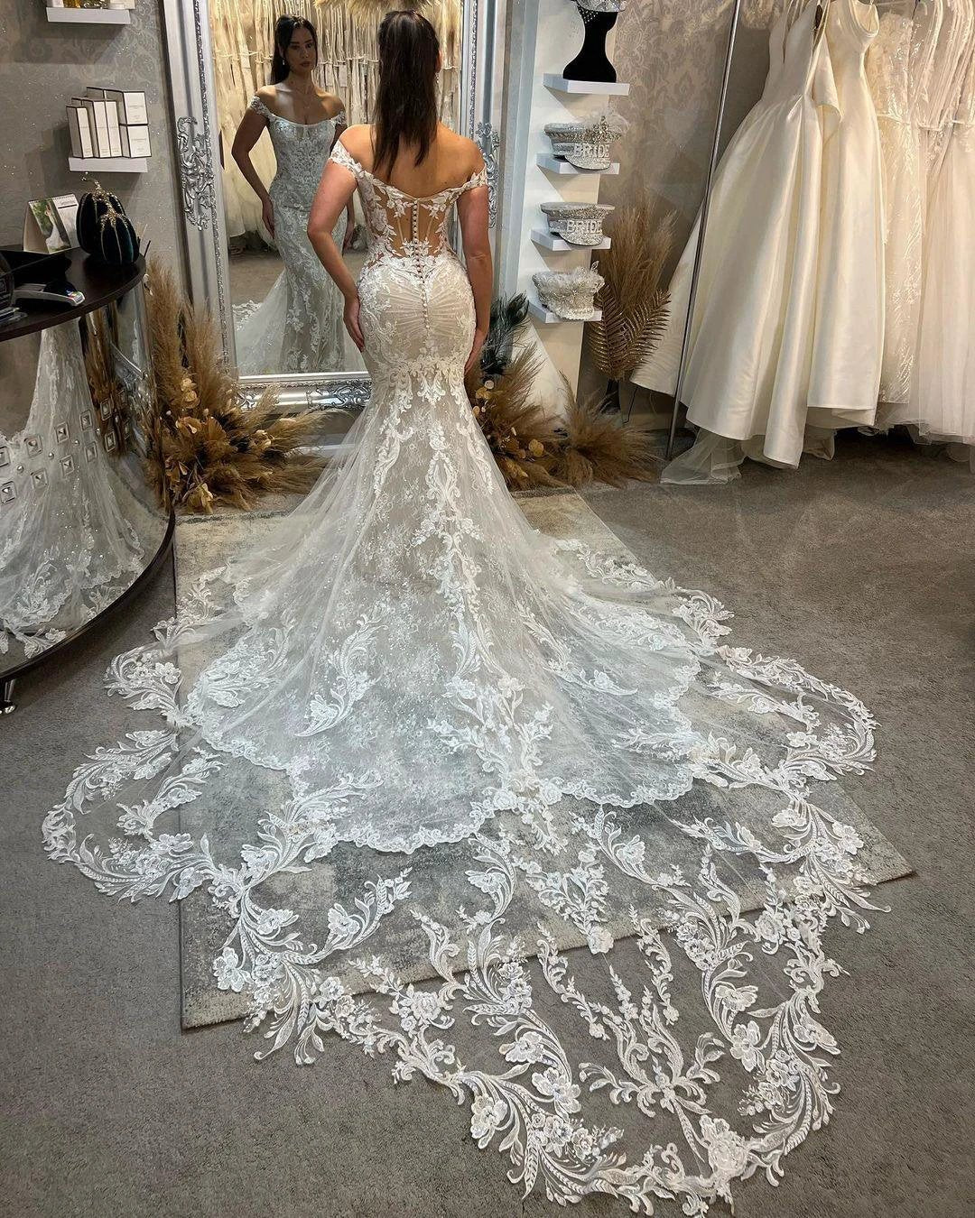 Trendy Floor Length Off-The-Shoulder Sleeveless Mermaid Lace Wedding Dress with Cathedral Train - Image 3
