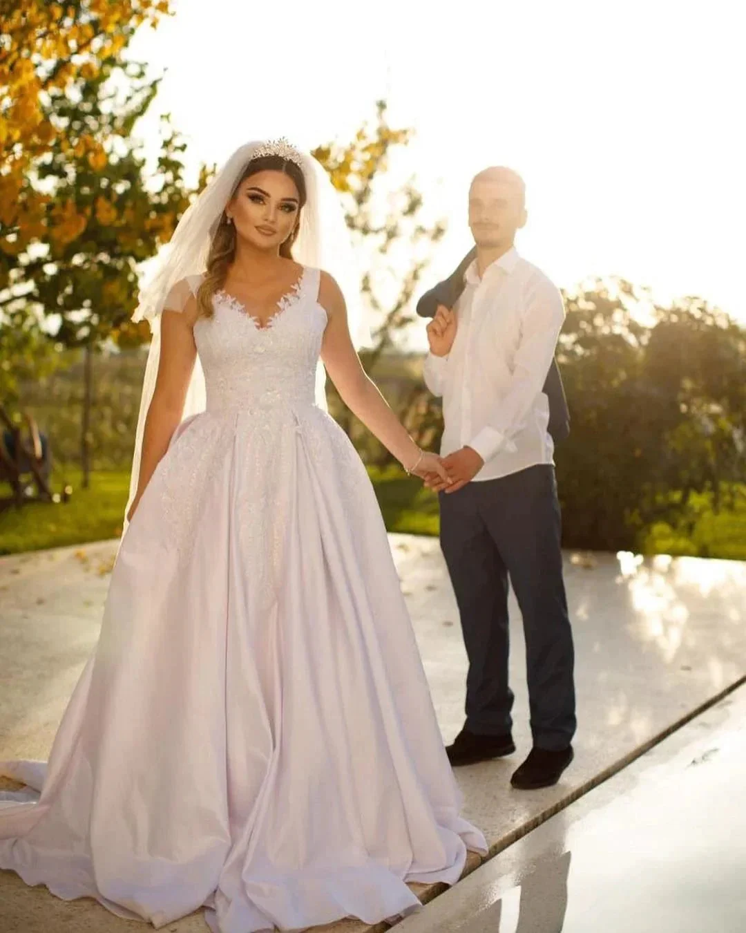 Trendy Floor Length Sweetheart Traps Sleeveless A-Line Satin Wedding Dress with Beads - Image 2