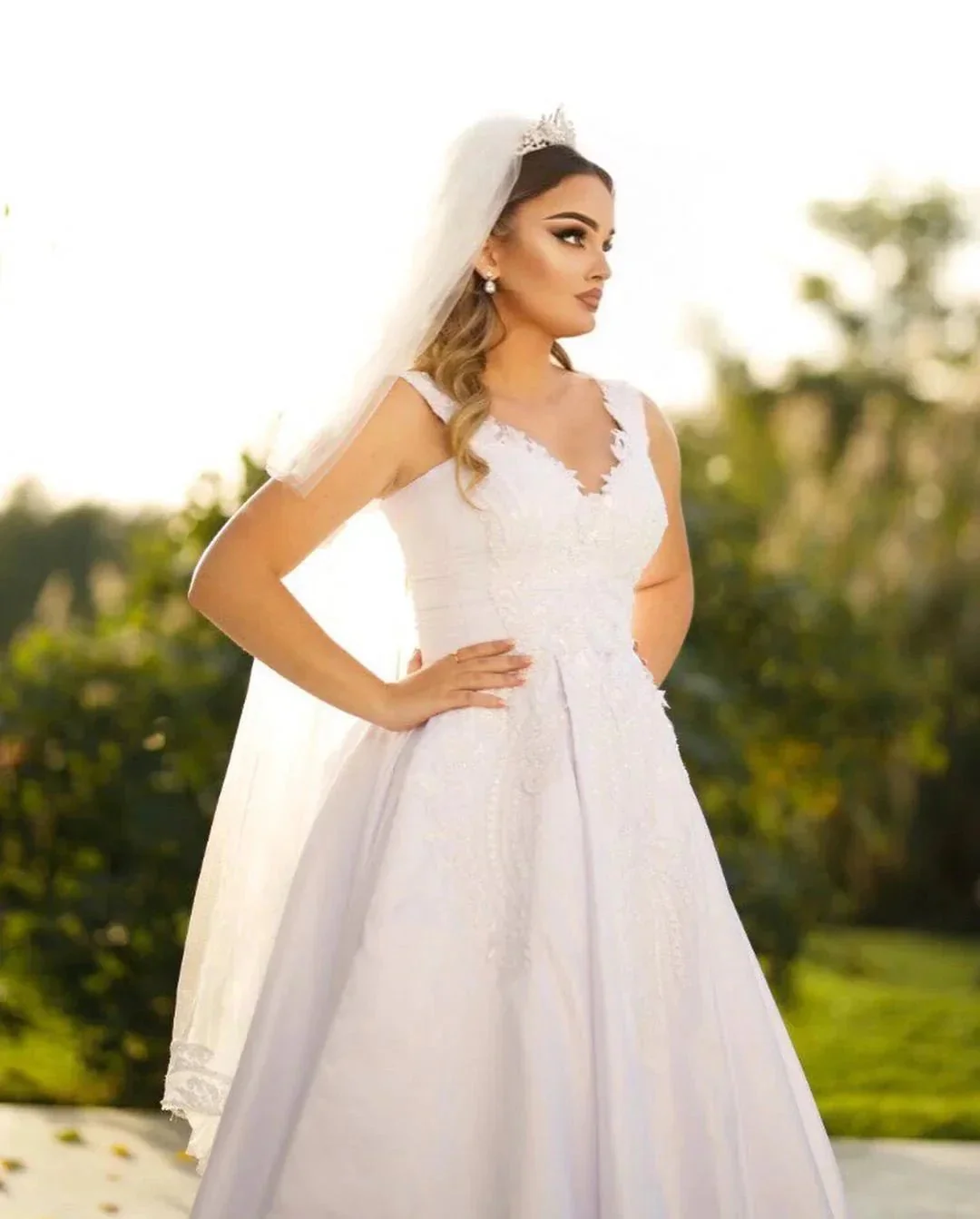 Trendy Floor Length Sweetheart Traps Sleeveless A-Line Satin Wedding Dress with Beads - Image 4