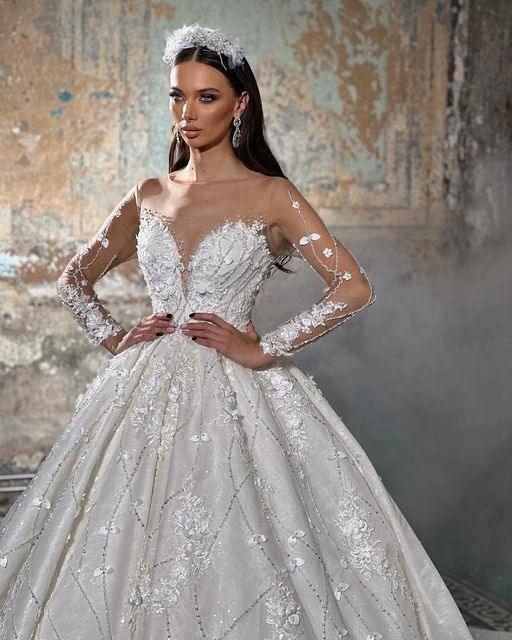 Trendy Floor Length V-Neck Long Sleeves A-Line Lace Wedding Dress with Appliques - Image 2