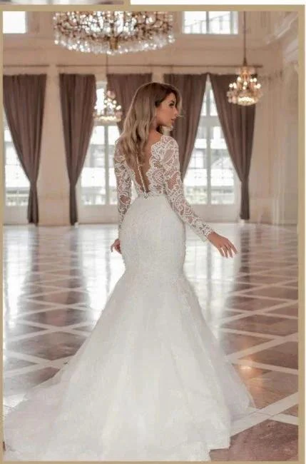 Trendy Long Sleeves V-Neck Mermaid Wedding Dress with Chapel Train - Image 2