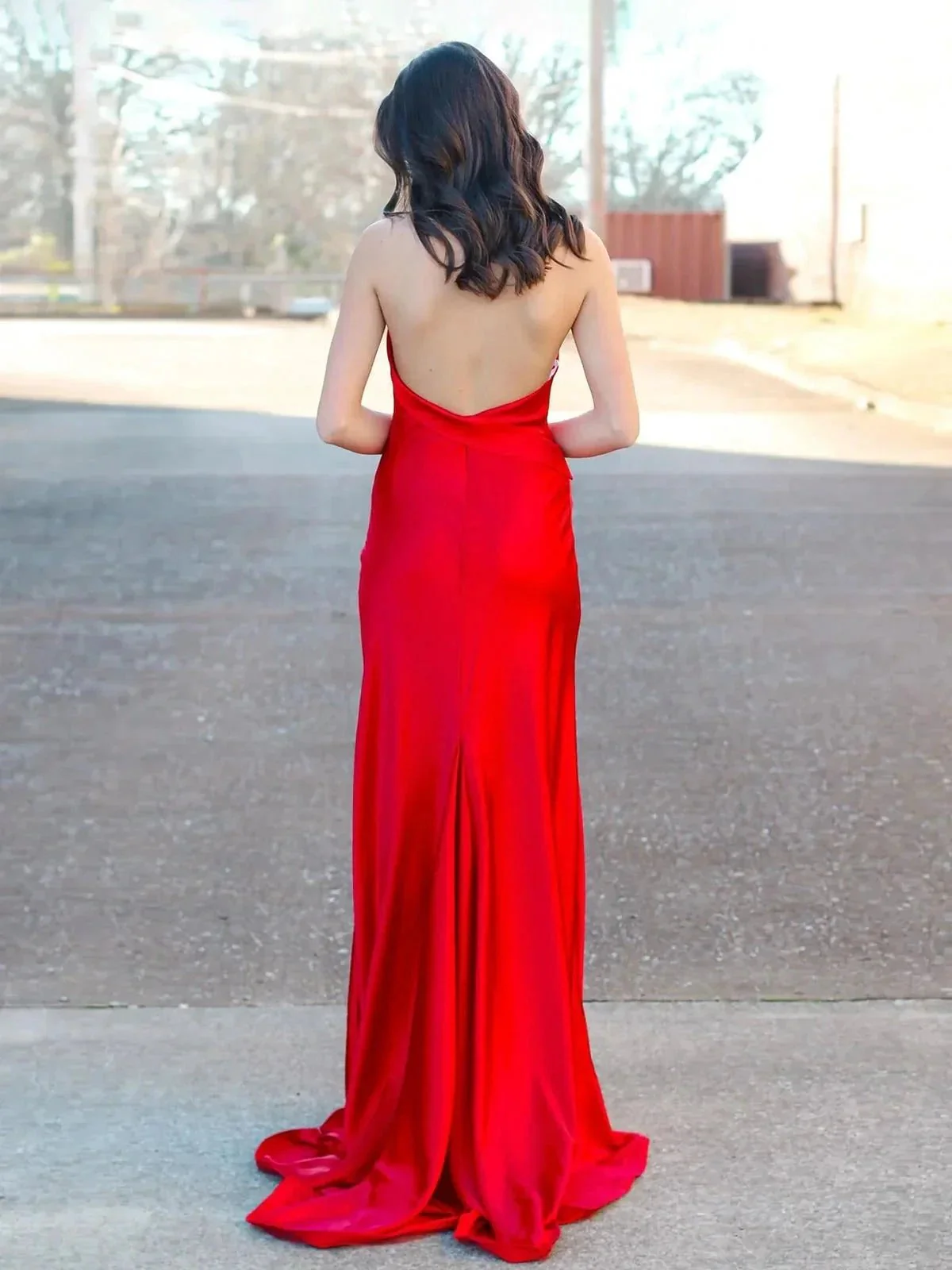 Tristan | Red Halter Satin Mermaid Long Prom Dress With Slit - Image 2