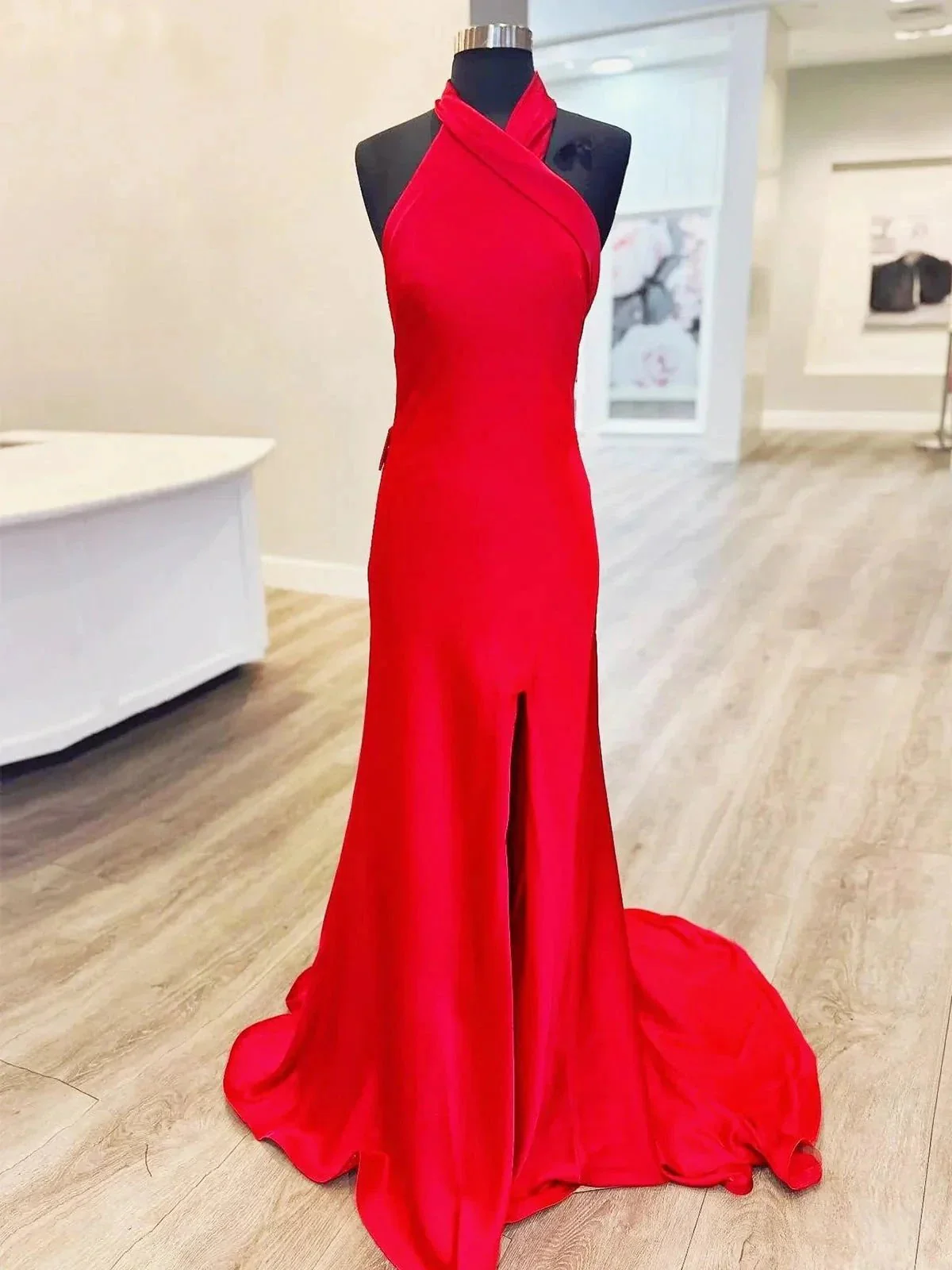 Tristan | Red Halter Satin Mermaid Long Prom Dress With Slit - Image 3